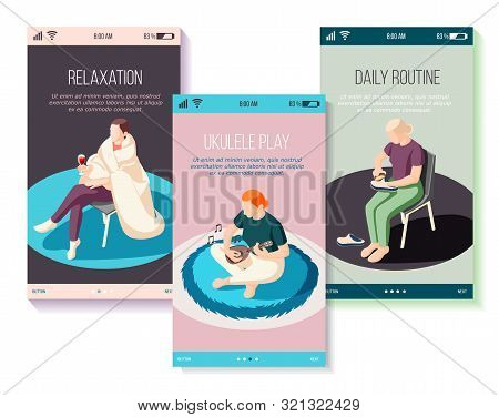 Weekends At Home Set Of Isometric Mobile Screens People During Chores Playing On Ukulele Relaxation 