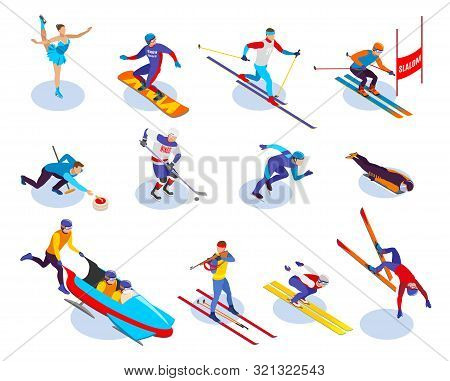 Winter Sports Isometric Icons Set Of  Snowboarding Slalom Curling Freestyle Figure Skating Ice Hocke