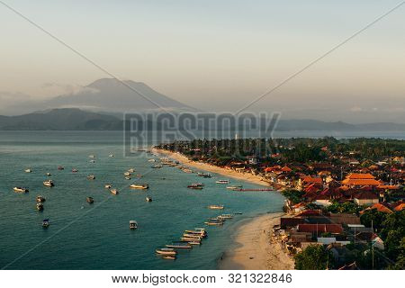 Panoramic View Of The Northern Coast Of The Island Of Lembongan And Jungutbatu Village. Gungung Agun