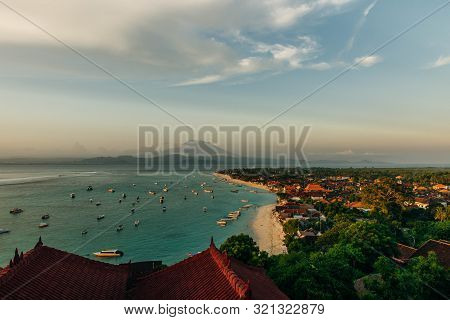 Panoramic View Of The Northern Coast Of The Island Of Lembongan And Jungutbatu Village. Gungung Agun