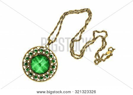 Gold Necklace With Large Malachite Pendant And Green Emeralds Isolated Over White
