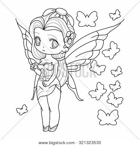 Black And White Image Of A Fantasy Fairy Girl. Vector Illustration. Outlined On White Background For