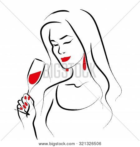 Vector Hand Drawn Portrait Of Young Beautiful Lady Holding Wine Glass Isolated On White Background. 