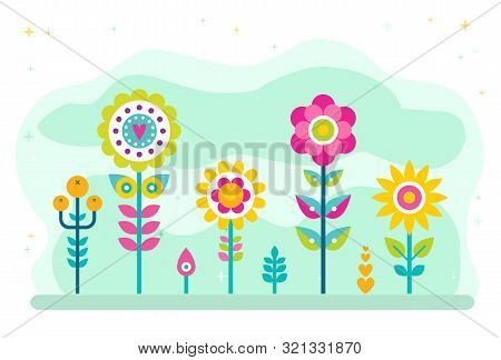 Summer Blossom Vector, Flourishing Flowers With Stables And Foliage. Nature In Spring, Diversity Of 