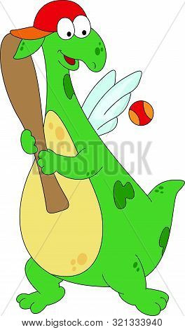 Cartoon Green Dragon Hits The Ball With The Baseball Bat