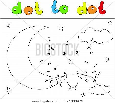Funny Bat In The Night Sky With The Moon And Stars. Coloring Book And Dot To Dot Game For Kids
