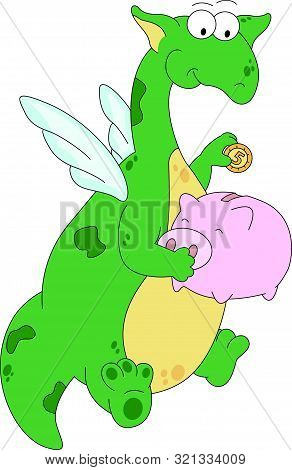 Cartoon Green Dragon Puts A Coin In A Piggy Bank