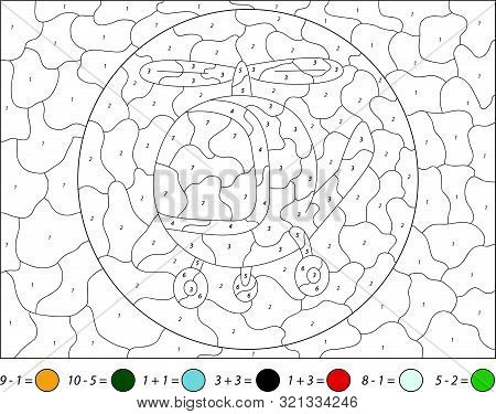 Cartoon Green Helicopter. Addition And Subtraction Tasks. Color By Number Educational Game