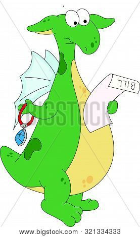 Cartoon Green Dragon Holds A Bill In One Paw And A Necklace In Another