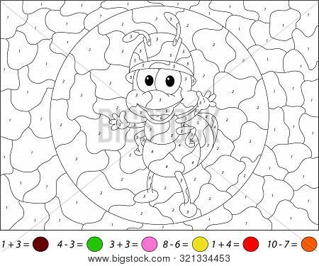 Cartoon Ant Worker. Addition And Subtraction Tasks. Color By Number Educational Game