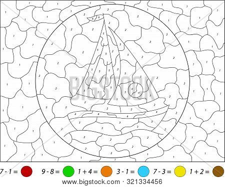 Cartoon Yacht. Addition And Subtraction Tasks. Color By Number Educational Game