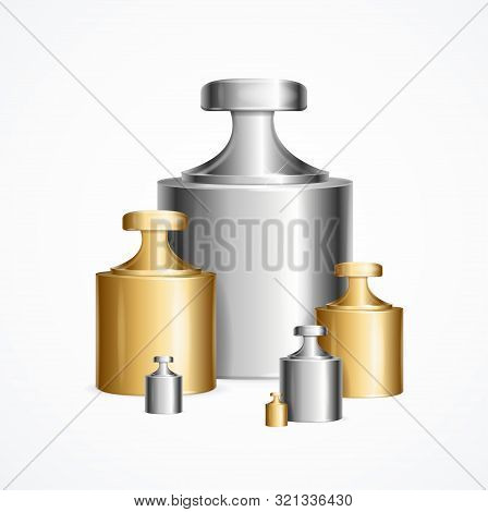Realistic Detailed 3d Calibration Weight Laboratory Set Different Size Accurate Concept. Vector Illu