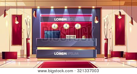 Reception Counter Or Desk In Luxury Hotel Lobby Or Company Office Hall Interior Cartoon Illustration