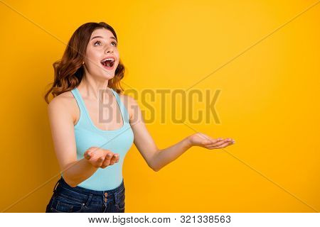 Turned Copyspace Photo Of Charming Cute Nice Gorgeous Sweet Nice Pretty Girlfriend Wearing Casual Ta