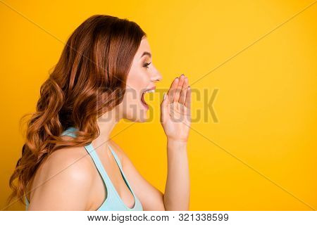 Photo Of White Charming Cute Attractive Nice Woman Announcing Something Via Telling Secrets Wearing 