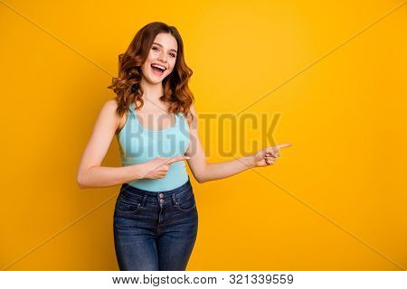 Copyspace Photo Of Cheerful Charming Fascinating Attractive Cute Pretty Sweet Lovely Girlfriend Wear