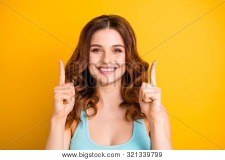Close Up Photo Of Trendy Fascinating Gorgeous Attractive Girlfriend Smiling Toothily Wearing Turquoi