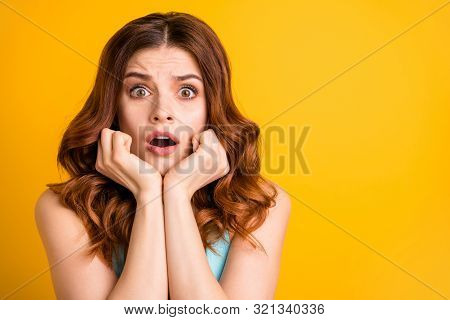 Close Up Copyspace Photo Of Terrified Frightened Girlfriend Seeing Something Frightful Student Feare