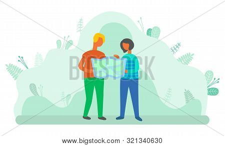 People Get Lost While Traveling Vector, Man And Woman Holding Atlas Reading Information On Paper. Su