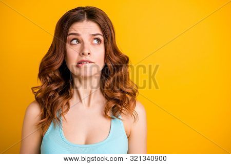 Close Up Copyspace Photo Of Astonished Feared Cute Pretty Nice Girlfriend Pondering Over How To Corr