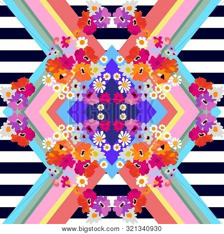 Colorful Wildflowers And Stripes On Dark Background.  Summer Textile Collection.