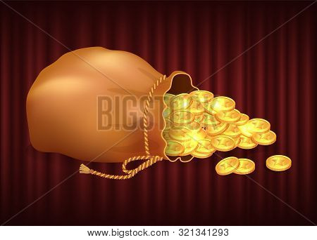 Treasure In Sack Vector, Bag Filled With Money. Royal Gold Coins With Signs, Container With Thread T