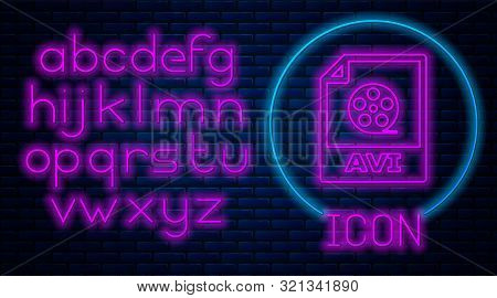 Glowing Neon Avi File Document. Download Avi Button Icon Isolated On Brick Wall Background. Avi File