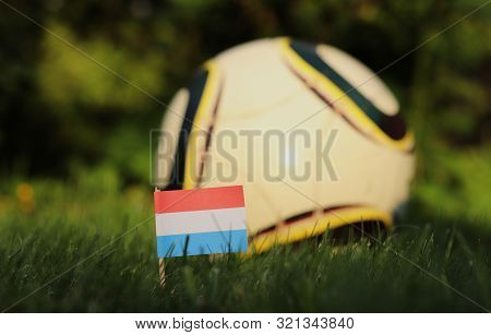 Netherlands National Flag On Wooden Stick Stabbed In Grass. World Championship 2022. Euro 2020. Flag