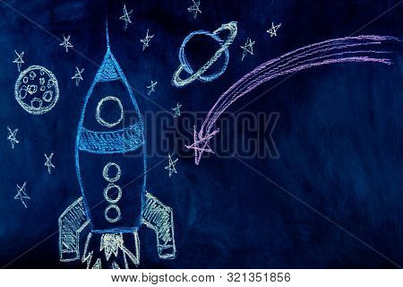Chalk Space Rocket With Stars And Planets Painted On School Chalkboard. Back To School And Ready To 