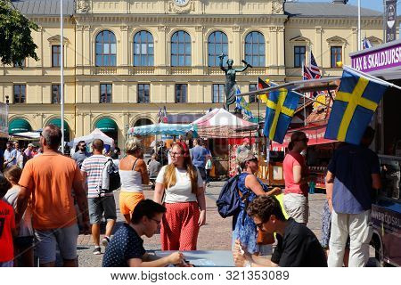 Karlstad, Sweden - July 26, 2019: People At The Town Square During The International Food Market Eve