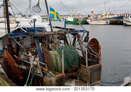 Traslovslage, Sweden - September 3, 2019: View Of The Fishing Boats In The Traslovslage Harbor.