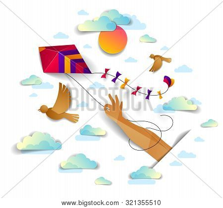 Hand Holding Kite Over Cloudy Sky Birds Flying And Sun, Freedom And Easiness Emotional Concept, Vect