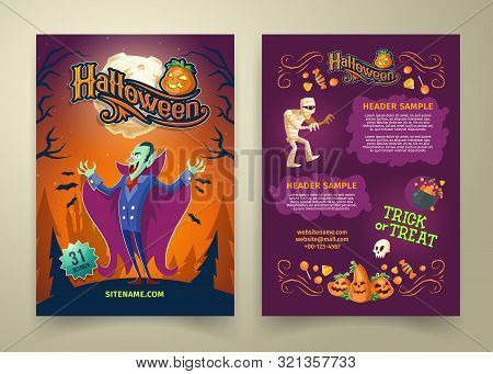 Halloween Invitation On List. Brochure Template With Headers. Background With Count Dracula, Scary M