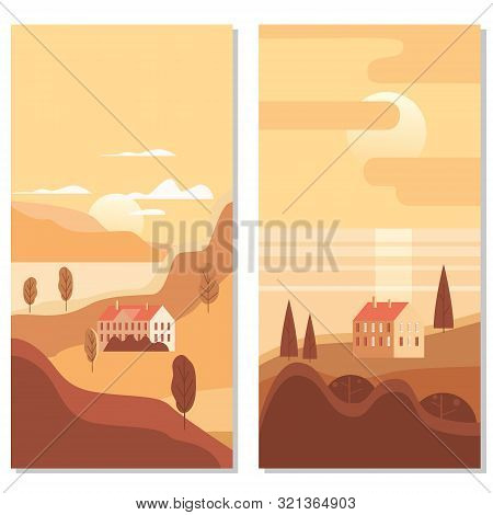 Landscape Rural Suburban Traditional Buildings, Hills And Trees Mountains Sea Sun In Trendy Minimal 