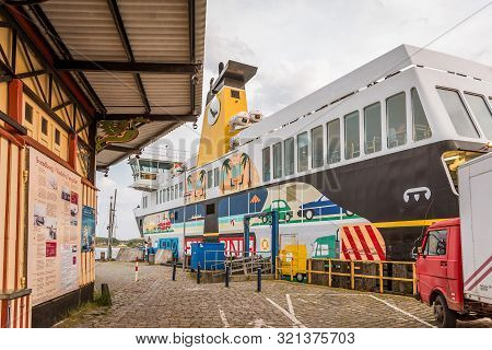The Colourful Ferry To Aeroe In The Harbour-terminal Of Svendborg, Denmark, July 10, 2019