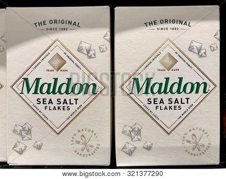 Istanbul, Turkey - February 23, 2018:  Maldon Sea Salt Flakes Box On Sale At Supermarket.