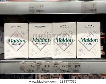 Istanbul, Turkey - February 23, 2018:  Maldon Sea Salt Flakes Box On Sale At Supermarket.