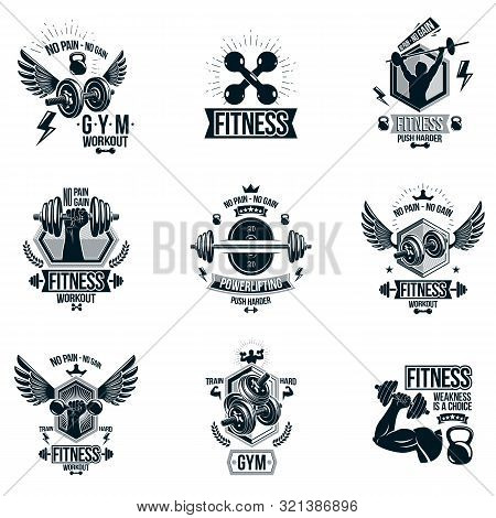 Set Of Vector Cross Fit And Fitness Theme Emblems And Motivational Posters Created With Dumbbells, B