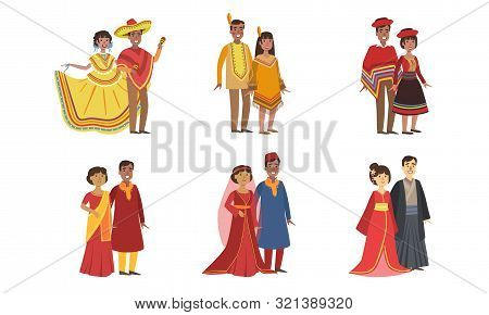 Men And Women Dressed Folk Costumes Of Various Countries Set, Peru, Ameican Indian, Mexico, India, C