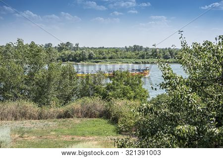 View Of The Don River And The Cargo River Ship From The Outskirts Of The Starozolotovsky Farm. Brigh