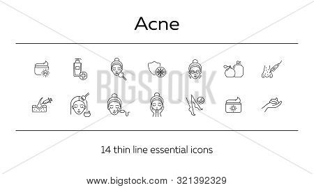 Acne Line Icon Set. Female Face, Massage, Peeling, Cream. Skin Care Concept. Can Be Used For Topics 