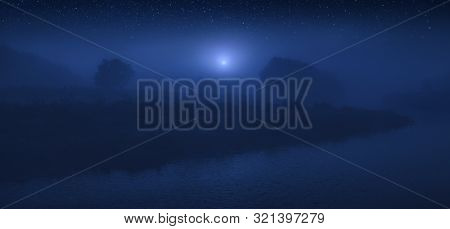 Majestic Rising Of The Full Moon Above The Teterev River At Night. Ukrainian Fairytale Woodland.