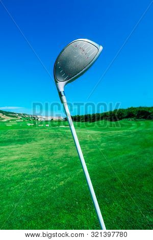 Driver Golf Stick On A Green Lawn Course And Blue Sky Background. Luxury Sport, Playing Expensive Ga