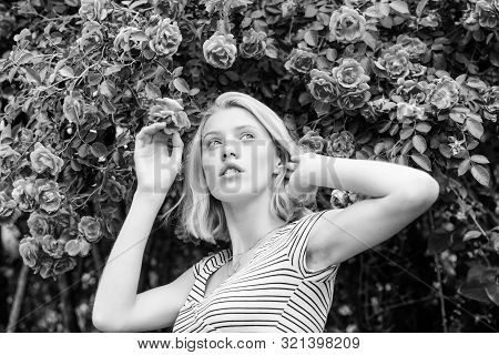 Girl Adorable Blonde Sniffing Fragrance Of Pink Bloom. Spring And Summer. Perfume And Cosmetics. Wom