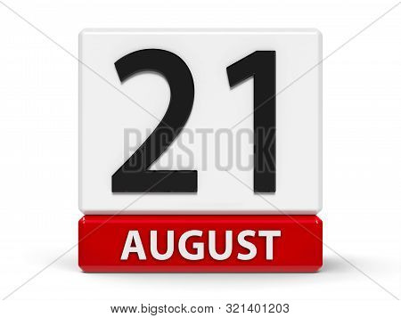Red And White Calendar Icon From Cubes - The Twenty First Of August - On A White Table - Internation