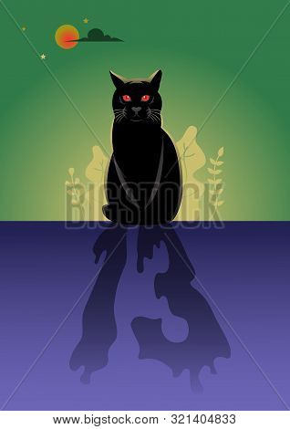 Illustration Of A Black Cat With Its Reflection Resembling Number 13 On A Green Background