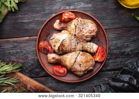 Hot Meat Dishes - Grilled Chicken Legs With Vegetables On A Plate. Delicious Meat Dinner