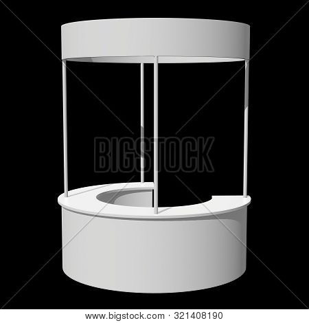 Stall Or Kiosk Modern Reception Desk. Trade Show Booth White And Blank. 3d Render Illustration On Bl