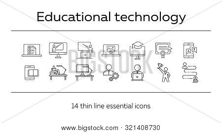 Educational Technology Line Icon Set. Computer, Online Class, Lection. Webinar Concept. Can Be Used 