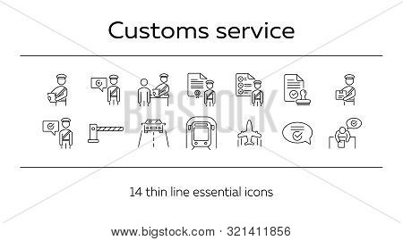 Customs Service Icons. Set Of Line Icons. Check Of Package, Truck, Airplane, Train. Logistics Concep